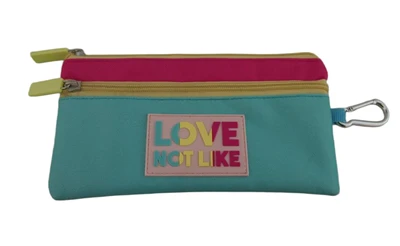 JDM94--Color - Blocked Double - Zip Pouch With “LOVE NOT LIKE” Patch & Carabiner